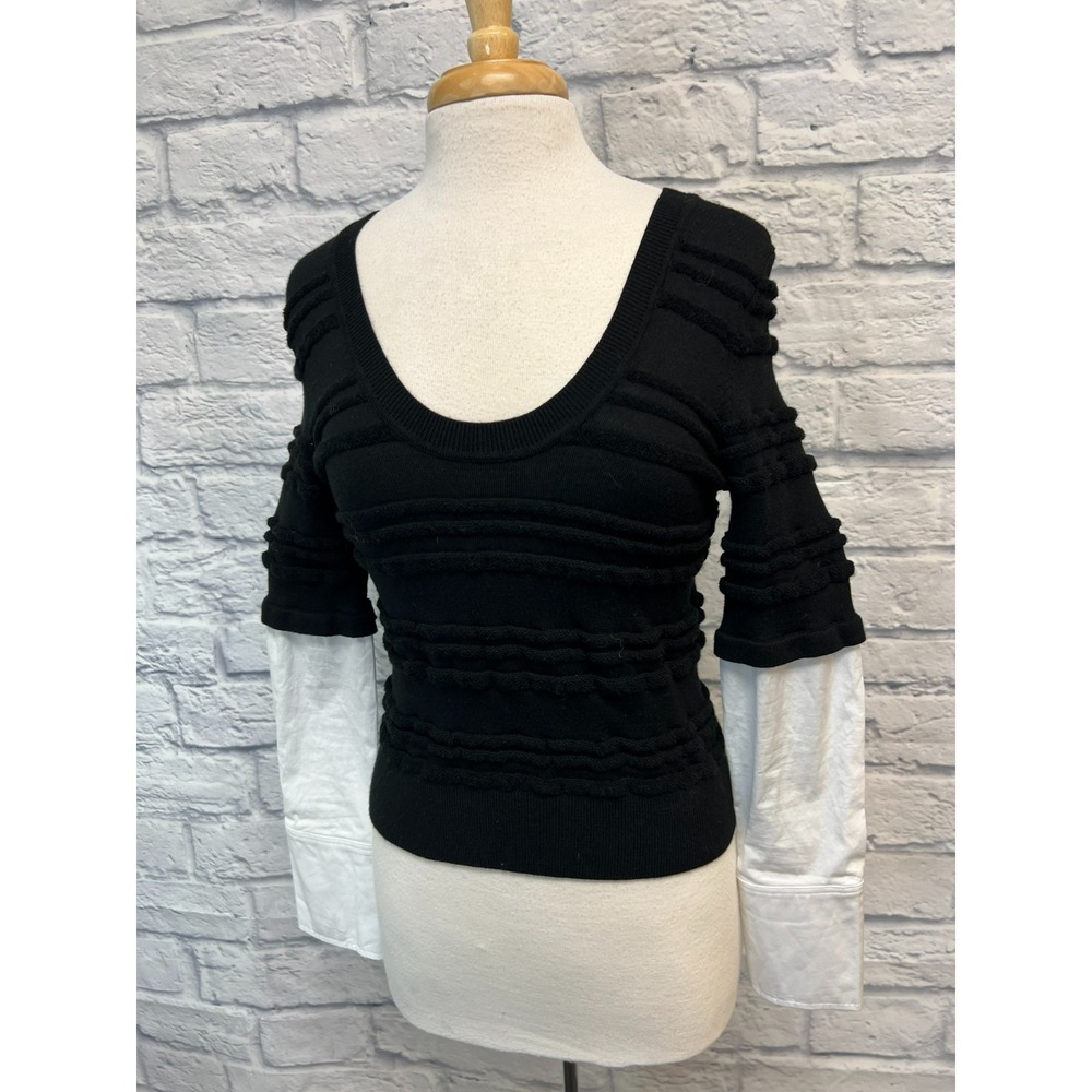 VERONICA BEARD Juni Combo Sleeve Sweater Black Textured Stripe White Sleeves, M